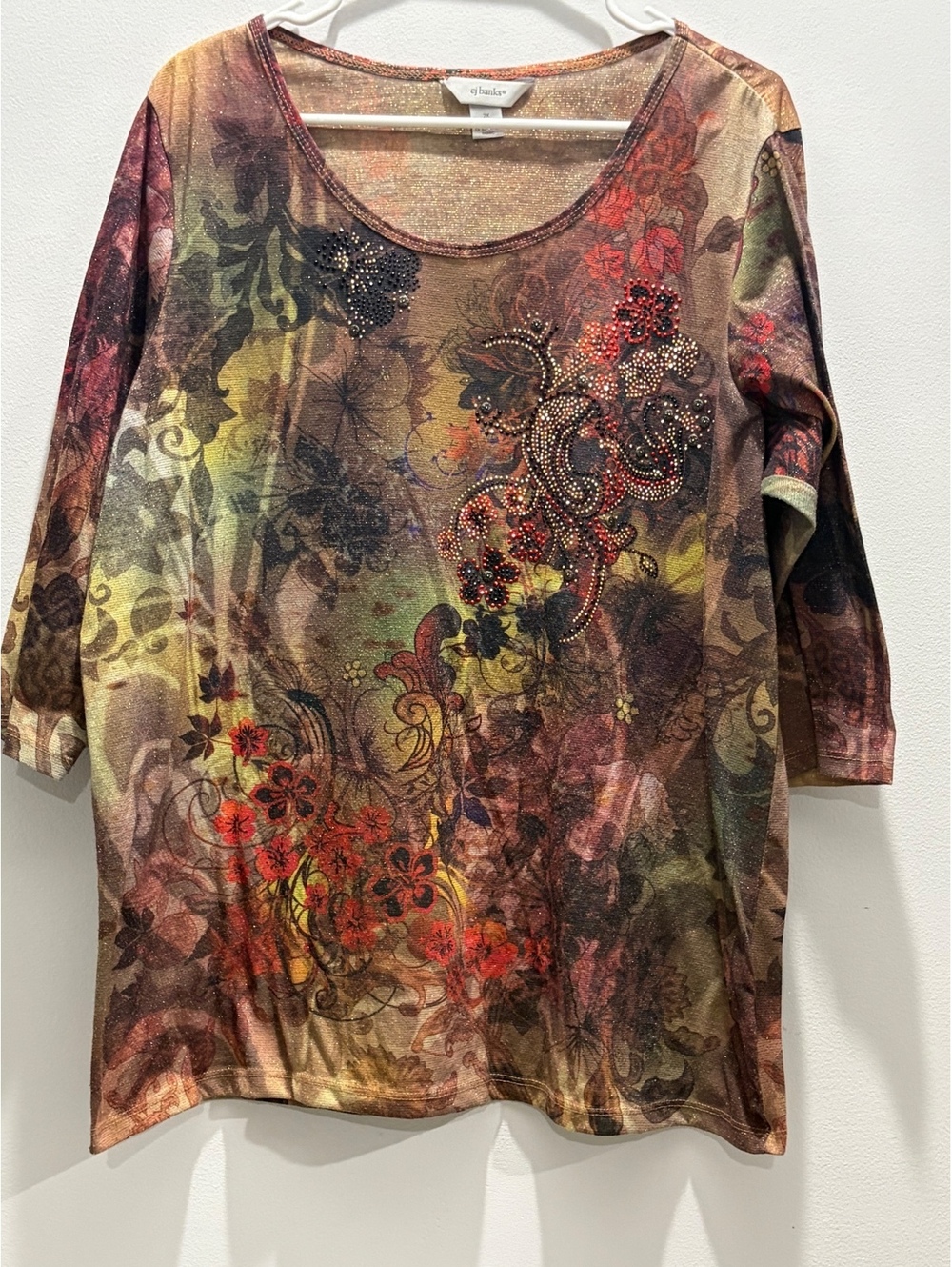 CJ Banks Womens 2X Top Floral Abstract Embellished Rhinestone Earthy Boho Y2K